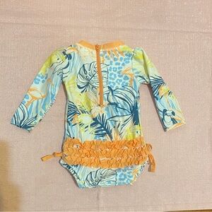 Ruffle Butts Tropical Print Rashguard - Blue and Yellow